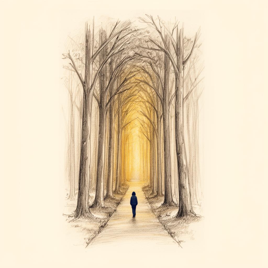 A figure walking a path into a forest of arching trees